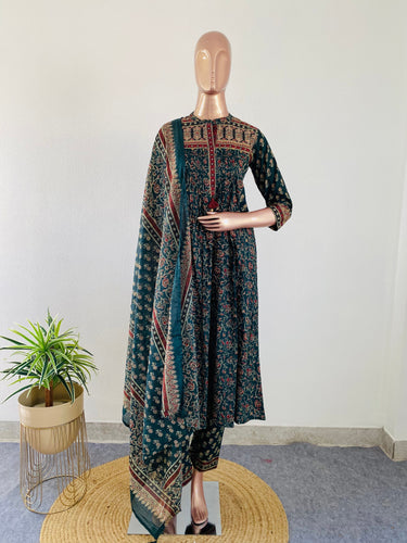 Ajrakh Print A-Line Kurta Pant Set with Pocket